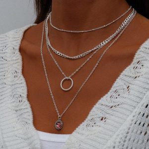 Boho Small Gem Chain Layer Necklace Resort Beach Jewelry, Necklace, color:Silver|size:One-size, Noracora