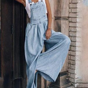 Regular Fit Casual Plain Denim Denim Bib Pants, Denim Jumpsuits, color:Blue|size:XXL, Stylewe