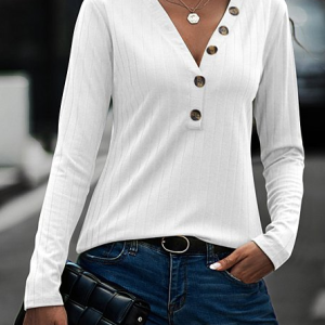 Regular Fit V Neck Plain Casual Top, Shirts & Blouses, color:White|size:XXL, JustFashionNow