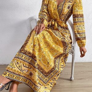 Paisley Scarf Print Surplice Neck Belted Dress, Maxi Dresses, color:Yellow|size:XXL, Stylewe