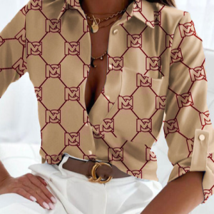 Shirt Collar Long Sleeve Abstract Regular Regular Fit Blouse For Women, Shirts, color:Apricot|size:XXL, Noracora