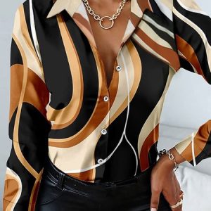 Regular Fit Shirt Collar Urban Abstract Blouse, Blouses and Shirts, color:As Picture|size:XXL, Stylewe