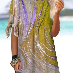 Crew Neck Random Print Casual Shirt, Shirts & Blouses, color:Yellow|size:XXL, JustFashionNow