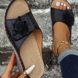 Vintage Flower Decor Hollow out Wedge Heel Slide Sandals, Sandals & Slippers, color:Black|size:42, JustFashionNow