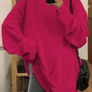 Plain Long Sleeve Crew Neck Casual T-Shirt, T-shirts, color:Rose Red|size:XXL, Noracora