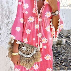 Rose Red Boho Holiday Floral Printed Tassel V Neck 3/4 Sleeve Dress, Short, color:Rose Red|size:XXL, catalog Noracora shop