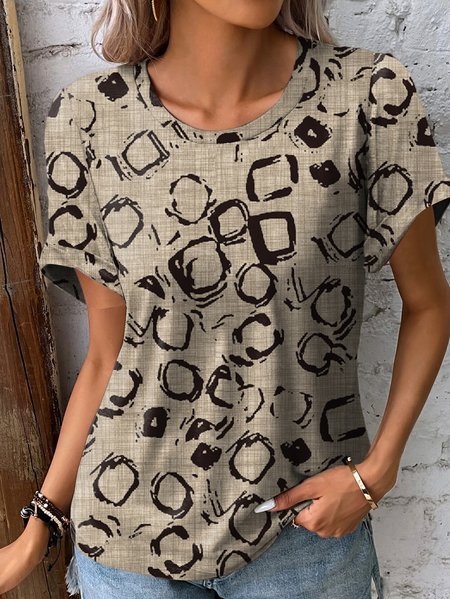 Jersey Casual Loose Crew Neck T-Shirt, T-Shirts, color:Khaki|size:XS, JustFashionNow