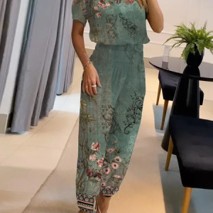 Floral Jersey Boho Loose Two-Piece Set, Suit Set, color:Green|size:XXL, JustFashionNow