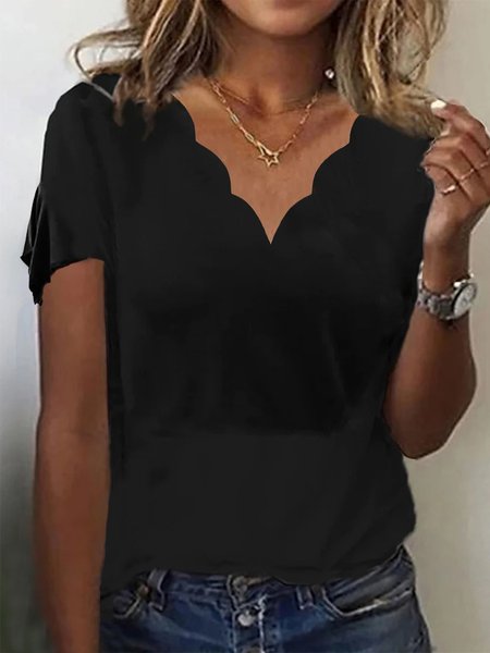 Casual Plain Loose V Neck T-Shirt, T-Shirts, color:Black|size:XXL, JustFashionNow