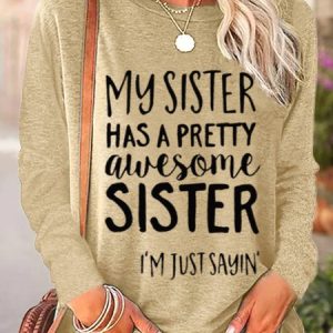 Crew Neck Long Sleeve Text Letters Regular Loose Shirt For Women, Blouses, color:Khaki|size:3XL, Noracora