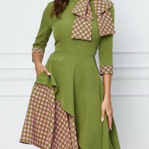 Bow Regular Fit Pocket Stitching Elegant Stand Collar Dress, Midi Dresses, color:Green|size:XXL, Stylewe