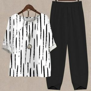 Geometric Casual Two-Piece Set Women's Print Tops Shirts and Pants 2 Pieces Set Outfits Summer Loose 3/4 Sleeve Oversized Top Cropped Pants Set Loungewear Sets, Suit Set, color:Black-white|size:XXL, JustFashionNow