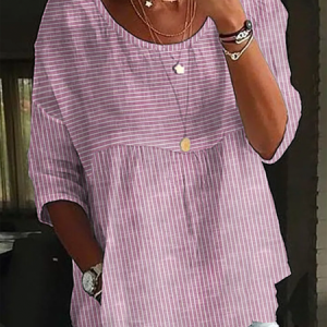 Casual Striped Crew Neck Shirt, Blouses, color:Pink|size:XXL, Noracora