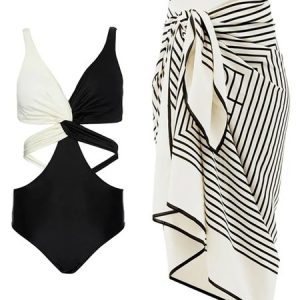 Color Block Casual V Neck One Piece With Cover Up, One-Pieces, color:Black-white|size:XXL, Stylewe