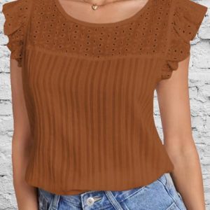 Women's Fashion Breathable Lightweight Jacquard Ruffle Top Shirt, Shirts & Blouses, color:Coffee|size:3XL, JustFashionNow