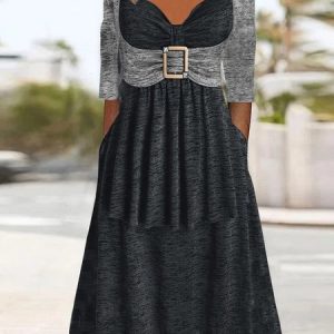 Plain Loose Casual V Neck Dress, Dresses, color:Deep Gray|size:XXL, JustFashionNow