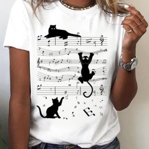 Jersey Casual Cat Printed Crew Neck T-Shirt, T-shirts, color:White|size:XS, Noracora
