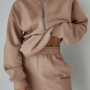 Casual Plain Stand Collar Two-Piece Set, Suit Set, color:Khaki|size:XXL, JustFashionNow