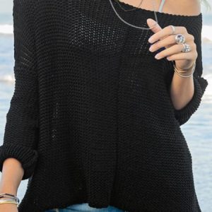 Casual Plain Loose Crew Neck Sweater, Sweaters, color:Black|size:XL, JustFashionNow