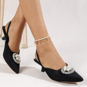 Elegant Rhinestone Imitation Pearl Kitten Heel Slingback Pumps, Flats, color:Black|size:43, JustFashionNow