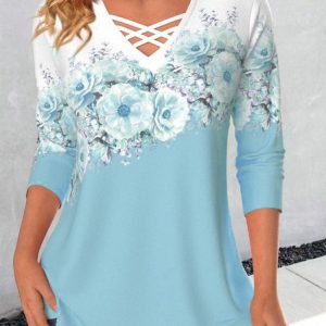 Contrasting Floral Loose Knit T-Shirt, T-Shirts, color:Blue|size:XXL, JustFashionNow