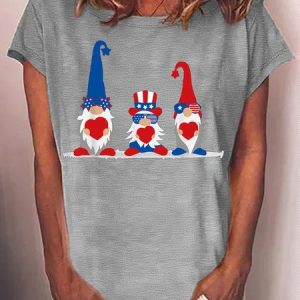 Women's Gnome US American Flag Happy 4th Of July Independence Day Casual Crew Neck Text Letters T-Shirt, color:Gray|size:3XL, Lilicloth.com