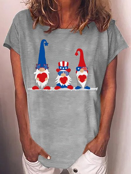 Women's Gnome US American Flag Happy 4th Of July Independence Day Casual Crew Neck Text Letters T-Shirt, color:Gray|size:3XL, Lilicloth.com