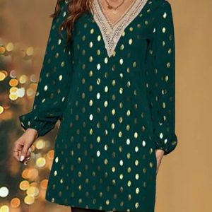 Gold Dot Print Guipure Lace Panel Lantern Sleeve Dress, Formal Dresses, color:Green|size:XXL, JustFashionNow