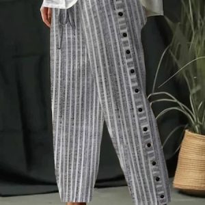 Casual Striped Natural Long Buttoned Turnip Pants, Pants, color:Gray|size:XXL, Noracora