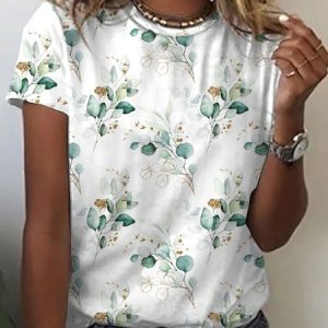 Casual Floral Crew Neck Short Sleeve T-shirt, T-shirts, color:White|size:XXL, Noracora