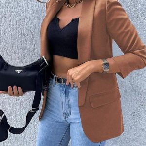 Long Sleeve Geometric Regular Loose Blazer For Women, Blazers, color:Khaki|size:3XL, Noracora