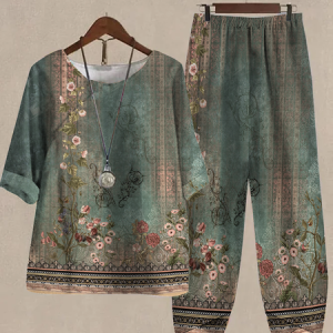 Loose Buttoned Boho Floral Two-Piece Set, Suit Set, color:Green|size:XXL, JustFashionNow