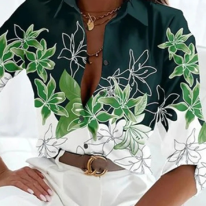 Loose Casual Floral Shawl Collar Blouse, Shirts & Blouses, color:White-green|size:XXL, JustFashionNow