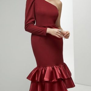 Elegant One Shoulder Satin Wedding Guest Dress, Midi Dresses, color:Wine Red|size:XXL, Stylewe
