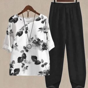 Loose Casual Floral Two-Piece Set, Suit Set, color:Black-white|size:XXL, JustFashionNow