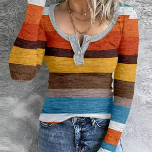 Casual Colorblock Striped Button Front Long Sleeve Top, T-Shirts, color:Multicolor|size:XXL, JustFashionNow