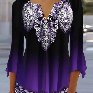 Womens V Neck Button Up  Ethnic Print Casual  Blouse, Shirts & Blouses, color:Purple|size:XXL, JustFashionNow