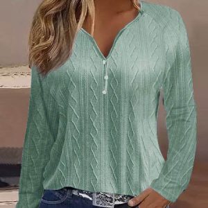 Casual Plain V Neck Long Sleeve T-shirt, T-shirts, color:Green|size:XXL, Noracora
