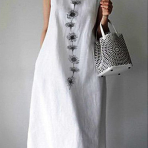 Crew Neck Floral Casual Cotton And Linen Dress, Maxi, color:White|size:XXL, Noracora