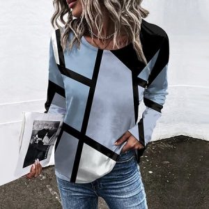 Ethnic Geometric Crew Neck Long Sleeve T-shirt, T-shirts, color:Blue|size:3XL, Noracora