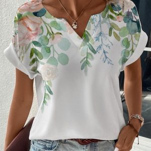 Floral V Neck Casual Loose Shirt, Shirts & Blouses, color:White|size:XXL, JustFashionNow
