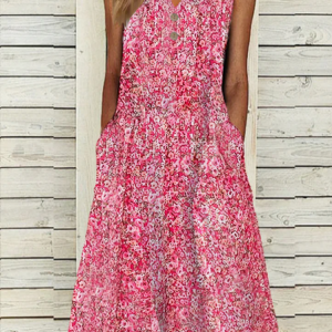 Women V Neck Floral Loose Vacation Button Midi Dress, Midi, color:Red|size:XXL, catalog Noracora shop
