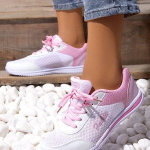 Breathable Mesh Fabric Color Block Lace-Up Sports Walking Shoes, Sneakers, color:Pink-white|size:42, JustFashionNow