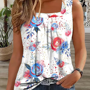 Women's Casual Floral Independence Day  Tank Top, color:Blue|size:XXL, Lilicloth.com