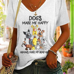 Animal Casual V Neck Loose Dogs Make Me Happy Print Women's T-shirt, T-Shirts, color:White|size:XXL, JustFashionNow