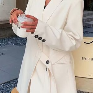 Buckle Long Sleeve Casual Lace-Up Blazer, Blazers, color:Off White|size:3XL, JustFashionNow