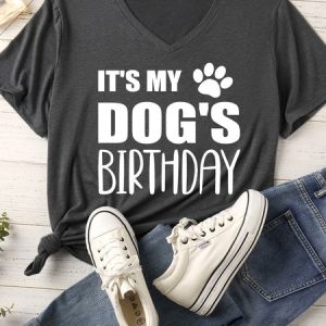 Lilicloth X Funnpaw Women's It's My Dog's Birthday Matching V Neck T-Shirt, color:Gray|size:XXL, Lilicloth.com