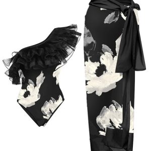 Vacation Floral Printing One Shoulder One Piece With Cover Up, Swimsuit with Coverups, color:Black|size:XXL, Stylewe