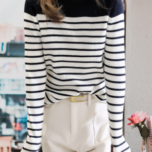 Women Wool Striped Long Sleeve Comfy Casual Sweater, Sweaters, color:Navyblue|size:L, Noracora
