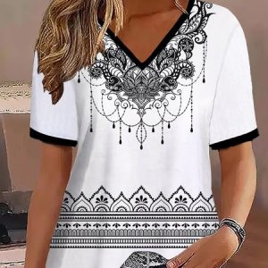 Casual Geometric V Neck T-Shirt, T-Shirts, color:White|size:3XL, JustFashionNow